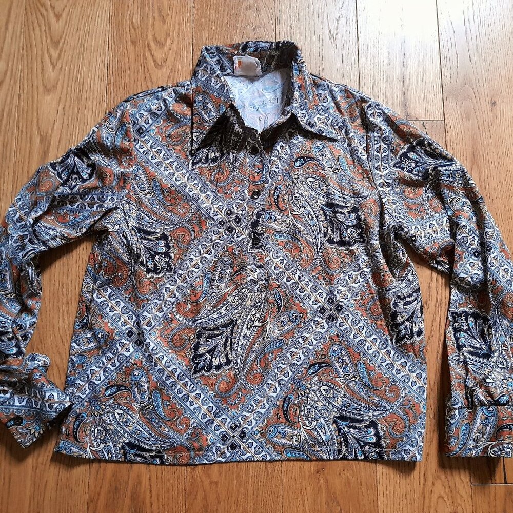 Vintage 70s Butterfly Collar Shirt Paisley Top 40" Chest Hippy Disco Boho